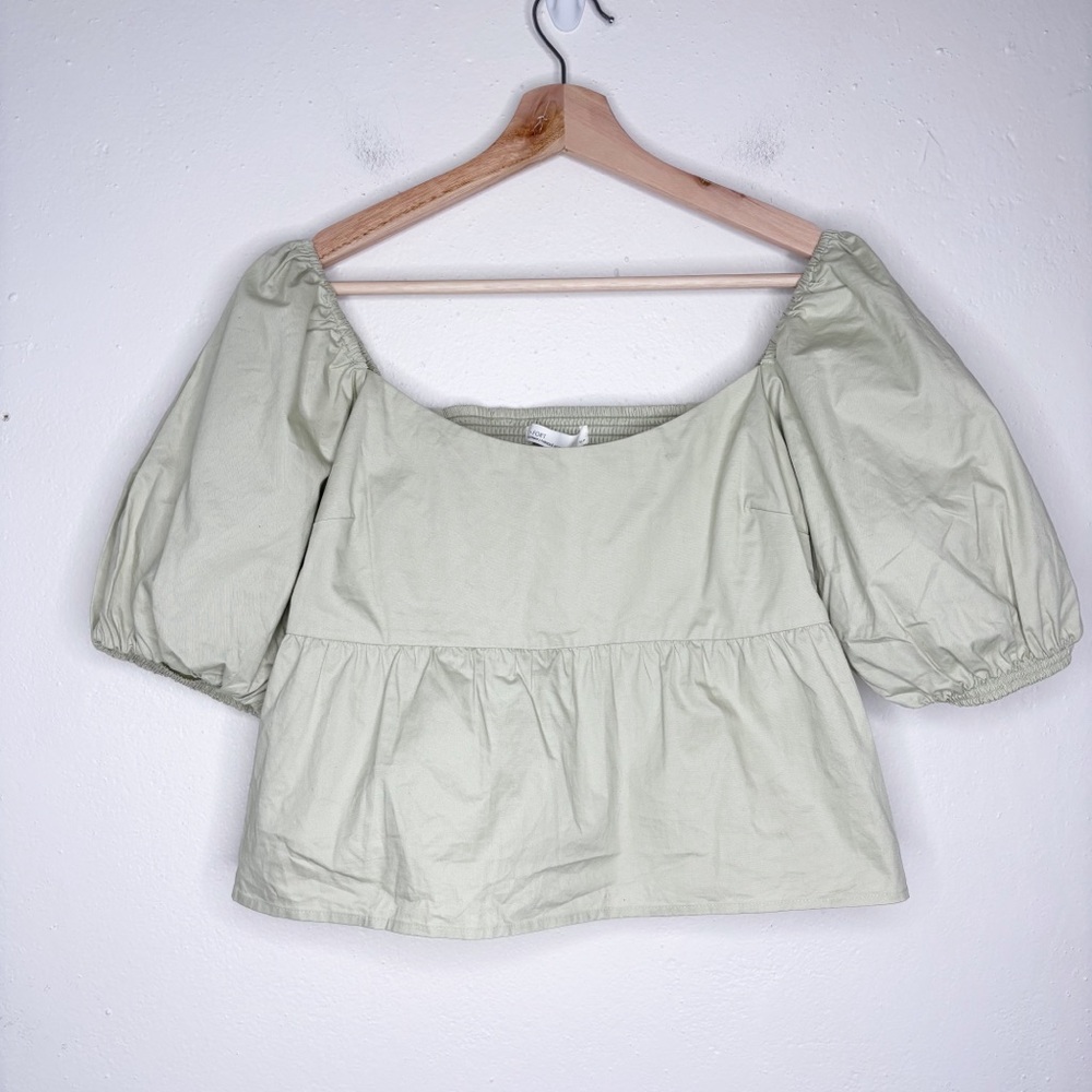 Oak + Fort Puff Sleeve Cropped Top Sage Size S NWT